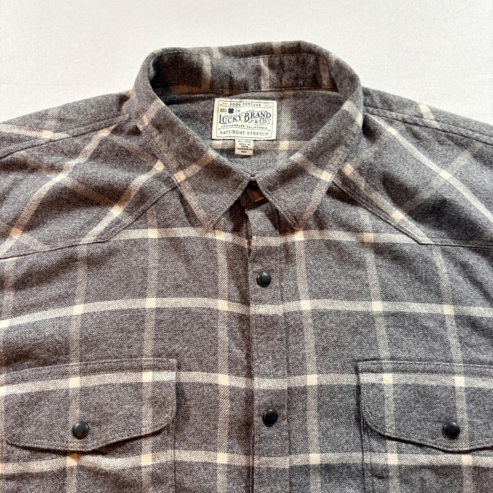 Lucky Brand Saturday Stretch Flannel Shirt Mens XL Gray Plaid Western Snap Front